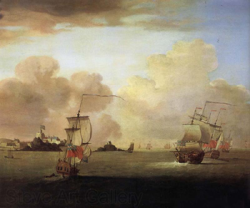 Monamy, Peter British men-o-war and a merchantman off Elizabeth Castle,Jersey France oil painting art